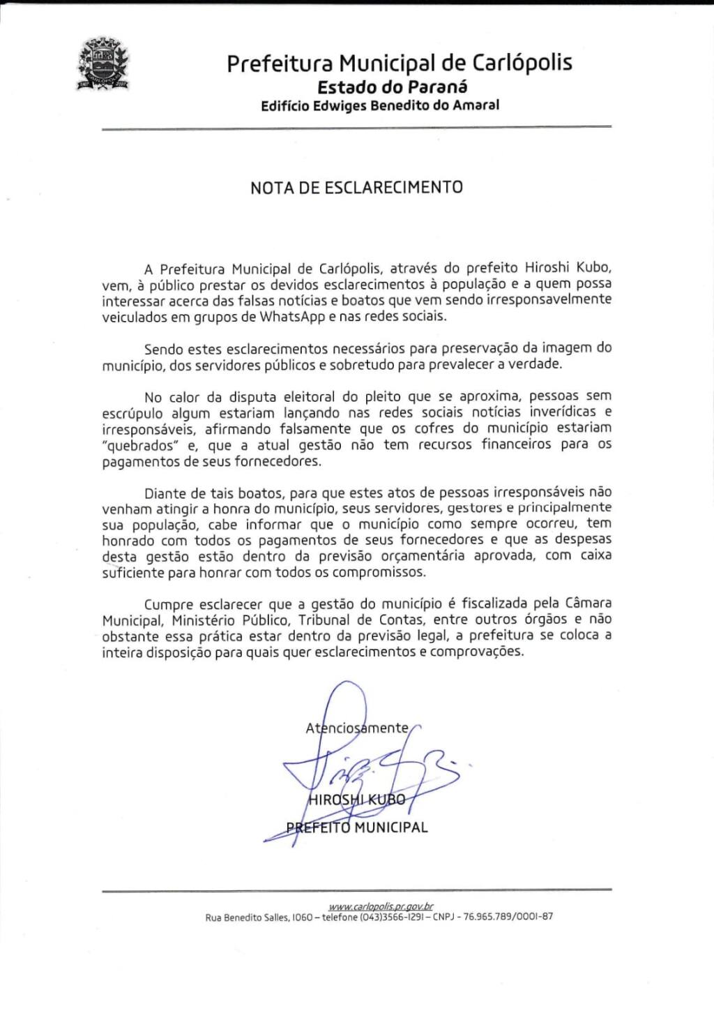 Prefeitura de Carlópolis divulga nota de esclarecimento acerca de informações falsas envolvendo o município