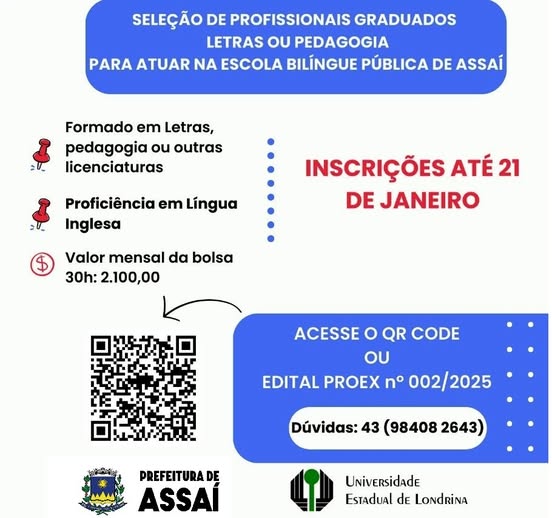Vagas para professores atuar no projeto bilíngue do município de Assaí