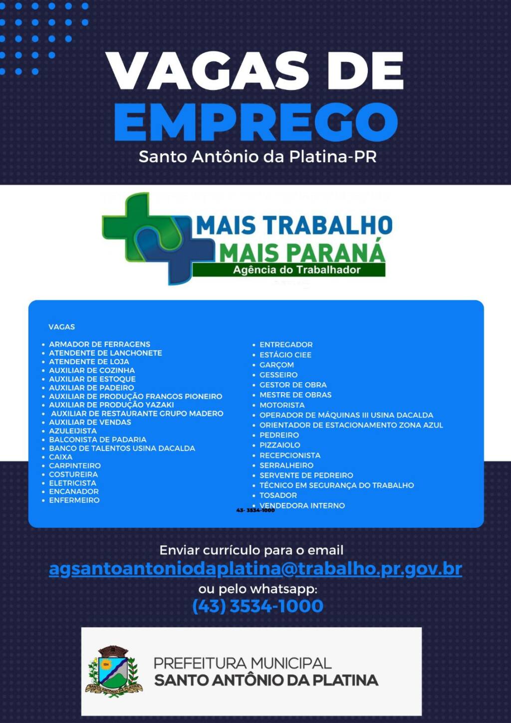 Agência do Trabalhador de Santo Antônio da Platina possui mais de 120 vagas de emprego disponíveis